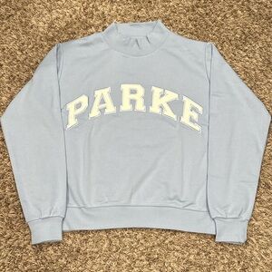 PARKE Mock Neck Pastel Blue Sweatshirt with Cream Collegiate Applique
